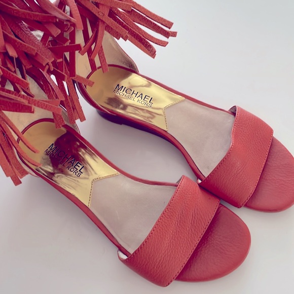 6 Michael Kors orange leather fringe sandal wedge - Picture 4 of 9
